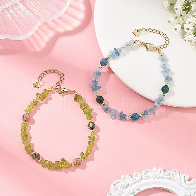 2Pcs 2 Styles Natural Aquamarine & Green Rutilated Quartz & Apatite & Peridot Round and Chip Beaded Bracelet Sets with 304 Stainless Steel End Chains BJEW-JB14339-1
