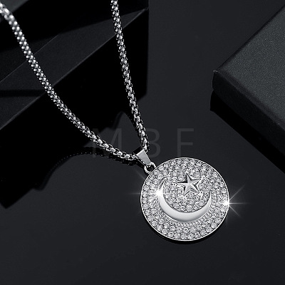 Zinc Alloy Micro Pave Clear Cubic Zirconia Flat Round with Star and Moon Pendant Necklaces FS-WGB5CD2-01-1