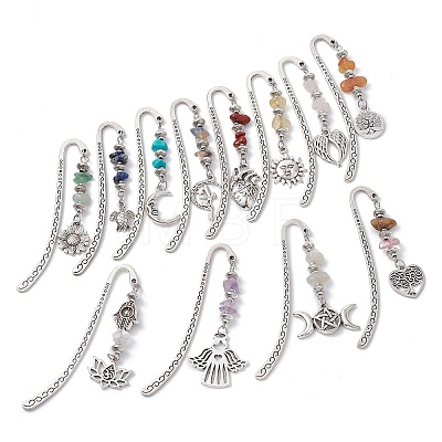 12Pcs Gemstone Chip Beaded Pendant Bookmarks with Alloy Mixed Shapes Charms GG-CJ91EC-AS-1