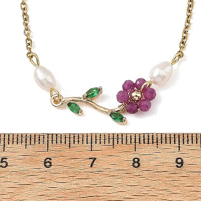 Natural Stone Beaded Flower Brass Pave Green Cubic Zirconia Branch Pendant 304 Stainless Steel Cable Chain Necklaces for Women NJEW-JN06415-1
