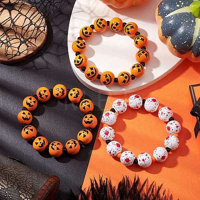 3Pcs 3 Styles Halloween Wood & Acrylic Round Beaded Stretch Bracelet Sets BJEW-JB10834-1