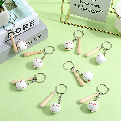 12Pcs Mini Baseball PU Leather Pendant Keychain with Wood Baseball Bat DIY-SP0001-51A-1