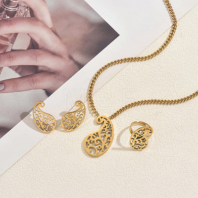 Stainless Steel Hollow Teardrop Pendant Necklace & Stud Earrings & Ring Sets for Women AU4910-1