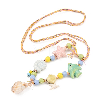Ceramics Starfish Fish & Resin Shell Shape Pendant Adjustable Cotton Cord Necklaces for Women NJEW-Z100-01B-G-1