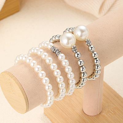 5Pcs 5 Styles Stylish CCB Plastic & Plastic Pearl & Rhinestone Beads Stretch Bracelets for Women WGF408F-01-1