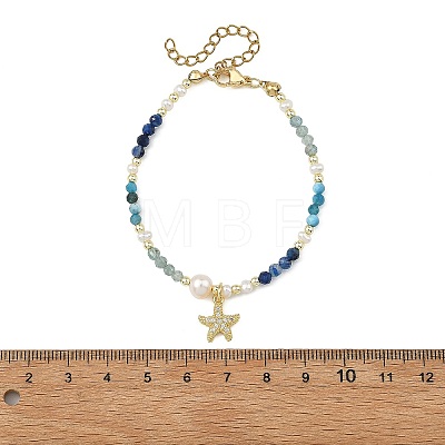 Gradient Natural Apatite & Kyanite Faceted Round Beaded Bracelets with Natural Pearl BJEW-JB14399-02-1