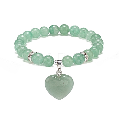 Natural Green Aventurine Round Beaded Stretch Bracelet with Heart Charm BJEW-JB09019-05-1