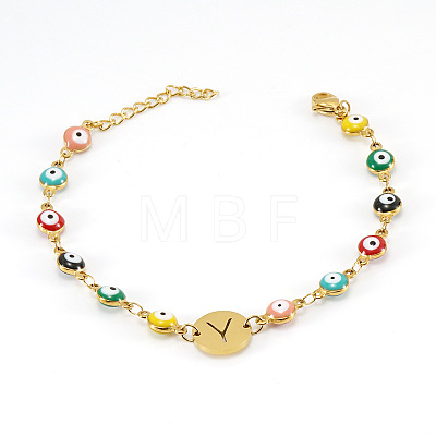 Colorful 304 Stainless Steel & Evil Eye Enamel Flat Round Link Bracelets FS-WGB13F5-25-1