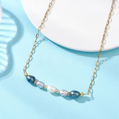 Natural Pearl Rice Beaded Necklaces with 304 Stainless Steel Paperclip Chains NJEW-JN05977-01-1