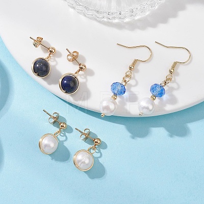 3 Pairs 304 Stainless Steel Natural Cultured Freshwater Pearl Round Earring Sets EJEW-JE06817-01-1