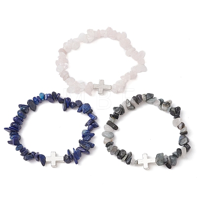 3Pcs 3 Style Natural Mixed Gemstone Chips Beaded Stretch Bracelets Set BJEW-TA00392-1