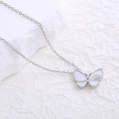 Stainless Steel Pave Natural White Shell Butterfly Pendant Necklaces for Women YH3028-1-1