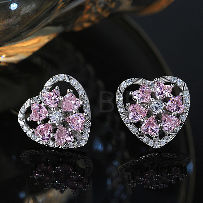 Rhodium Plated 925 Sterling Silver Rotating Heart Stud Earrings EJEW-L270-01P-1