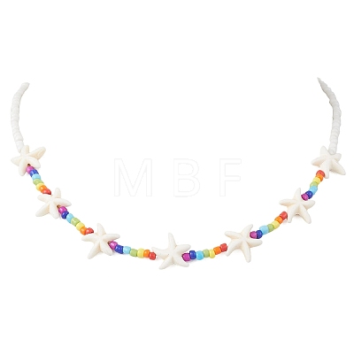 Synthetic Turquoise Starfish and Glass Seed Beaded Chakra Necklaces NJEW-JN05774-1