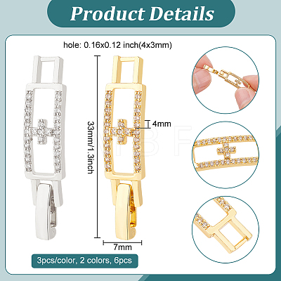 6Pcs 2 Colors Rectangle with Cross Rack Plating Brass Micro Pave Clear Cubic Zirconia Watch Band Clasps KK-BC0009-77-1