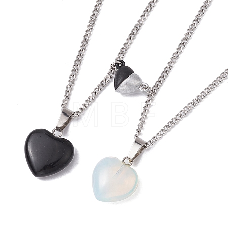 2Pcs 2 Style Natural Black Stone & Opalite Heart Pendant Necklaces Set NJEW-JN04437-1