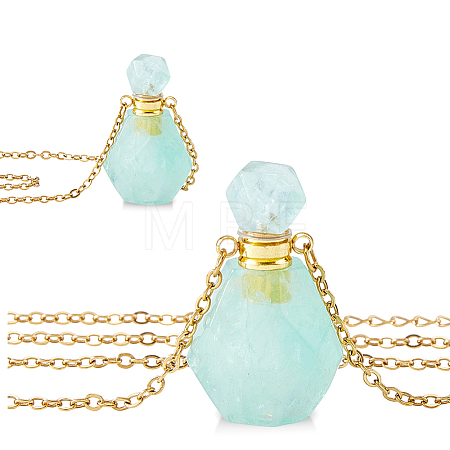 Natural Fluorite Faceted Perfume Bottle Pendant 304 Stainless Steel Cable Chain Necklaces NJEW-WH0002-268D-1