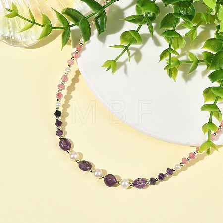 Mixed Gemstone & Natural Freshwater Pearl Beaded Necklaces NJEW-JN06468-01-1