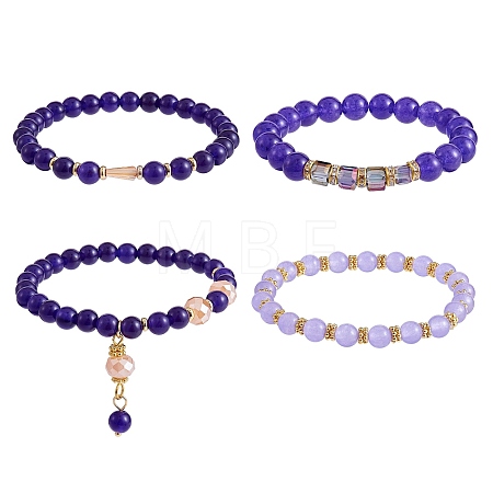 4Pcs 4 Style Natural Malaysia Jade Stretch Bracelets Set with Glass Beaded BJEW-SW00105-06-1
