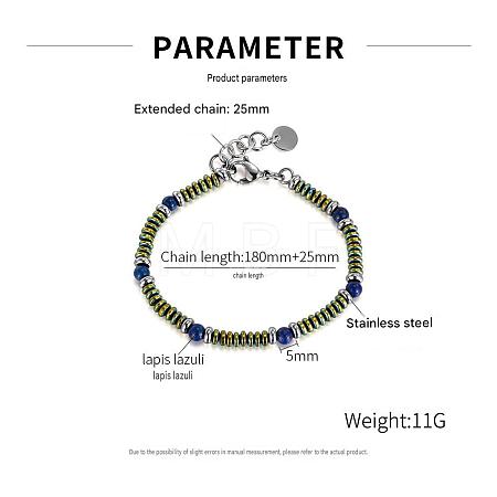 Round Natural Lapis Lazuli and 304 Stianless Steel Beaded Bracelets for Men Women EV7041-1-1