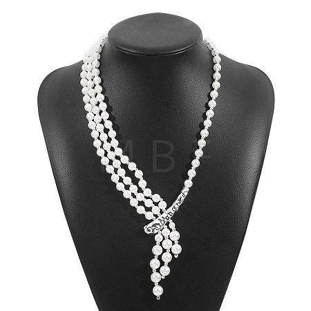 Elegant Layered White Imitation Pearl Y-Shaped Long Pendant Necklaces with Alloy Drop for Women FS-WG35350-02-1