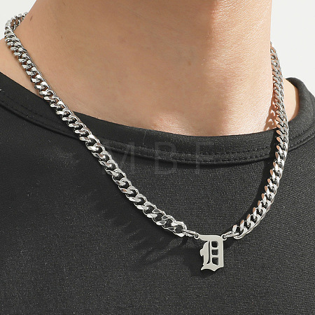 304 Stainless Steel Initial Pendant Cuban Link Chain Necklaces FS-WGB15F2-03-1