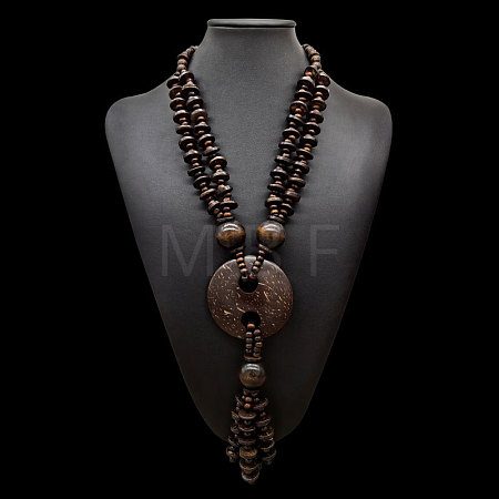 Boho Coconut & Wood Handmade Ethnic Donut Pendant Long Tassel Beaded Necklaces for Beach Vacation WGD9A0D-01-1