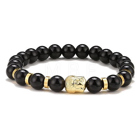 Synthetic Black Stone & Alloy Buddha Head Beaded Strech Bracelets BJEW-JB09420-02-1