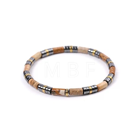Bohemian Natural Picture Jasper & Golden Synthetic Non-magnetic Hematite Beaded Stretch Bracelets for Women Men NY1304-6-1