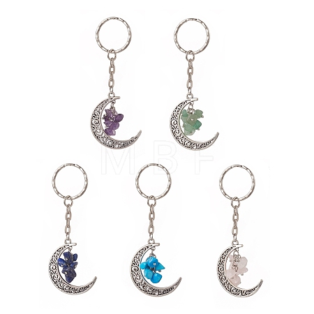 Natural & Synthetic Gemstone Chips Moon & Moon Alloy Pendant Keychain KEYC-JKC00465-1