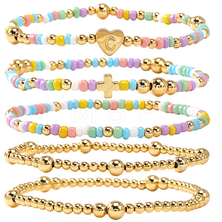 Summer Stainless Steel Heart Alphabet Colorful Glass Seed Beaded Stretch Bracelet Sets JV8929-3-1
