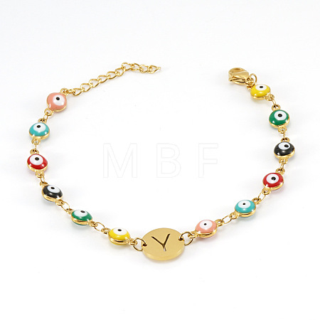 Colorful 304 Stainless Steel & Evil Eye Enamel Flat Round Link Bracelets FS-WGB13F5-25-1