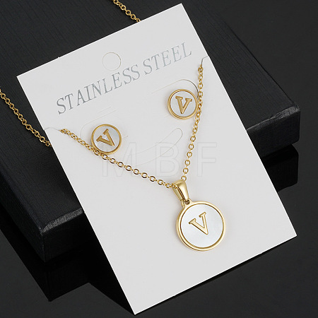 304 Stainless Steel with Natural Shell Pendant Necklaces & Stud Earrings Sets FS-WG5FD70-22-1