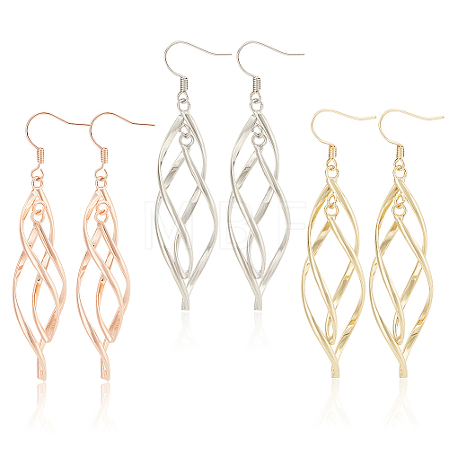 ANATTASOUL 3 Pairs 3 Colors Brass Twist Wave Dangle Earrings for Women EJEW-AN0003-26-1