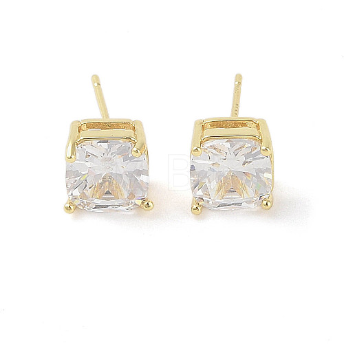 Square Brass Stud Earrings with Clear Glass for Women EJEW-L285-006G-1