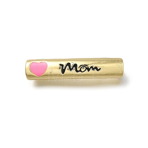 Brass Enamel Heart Word Mom Curved Tube Beads KK-C090-51G-02-1