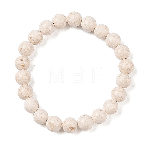 Natural Fossil Round Beaded Stretch Bracelets G-U005-01B-01-1