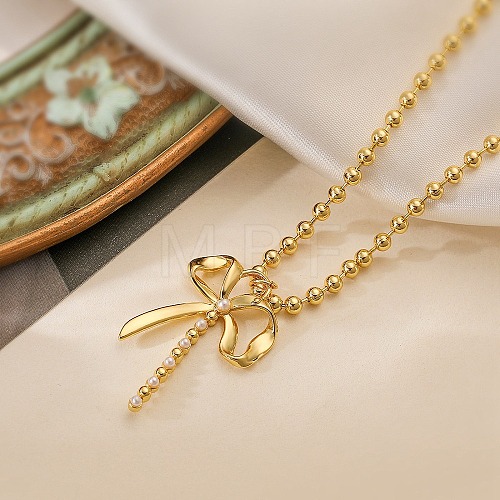 Brass & Plastic Imitation Pearl Ball Chain Bowknot Pendant Necklaces for Women NJEW-C054-03G-1