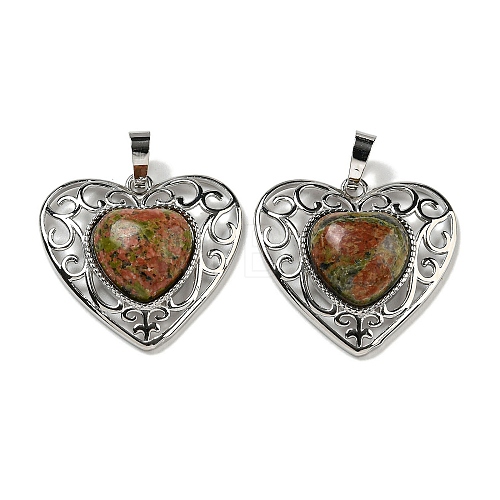 Natural Unakite Peach Love Heart Pendants G-G158-01H-1