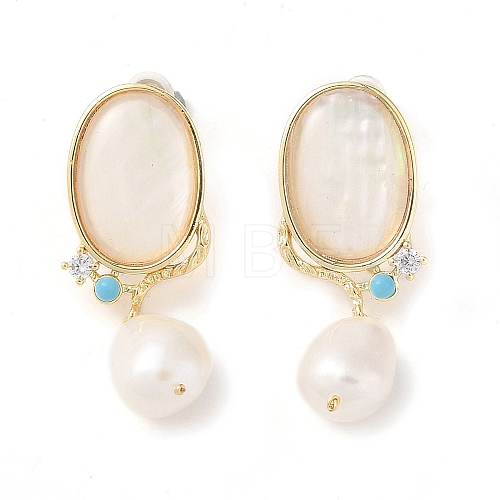 Oval Natural Shell Stud Earrings EJEW-L286-12G-1