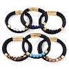Mixed Stone Round Bead Leather Cord Multi-strand Bracelets BJEW-A009-10G-1