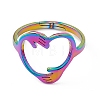 Ion Plating(IP) 201 Stainless Steel Hand Hug Heart Adjustable Ring for Women RJEW-K238-05M-1