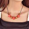 Wooden Round and Maple Leaf Beaded Necklaces with Black Imitation Leather Cord WGC6511-01-3