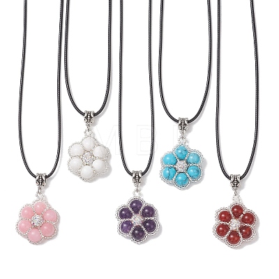 Synthetic Turquoise & Dyed Natural Mashan Jade & Carnelian & Amethyst with Glass Seed Beaded Pendant Waxed Cotton Cord Necklaces NJEW-MZ00140-1
