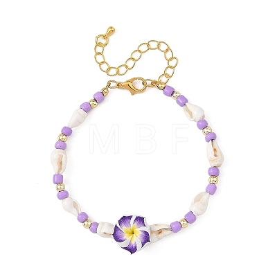 Polymer Clay Flower & Glass & Natural Trumpet Shell Beaded Bracelets for Women BJEW-JB14391-1