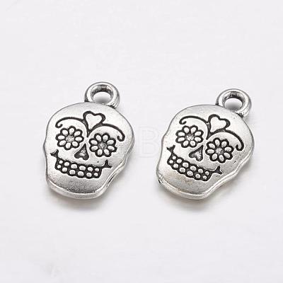 Mexico Holiday Day of the Dead Sugar Skull Tibetan Style Alloy Metal Pendants X-TIBEP-21061-AS-FF-1