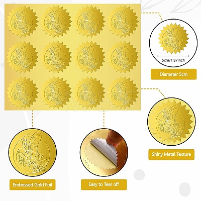 12 Sheets Self Adhesive Gold Foil Embossed Stickers DIY-WH0451-048-1