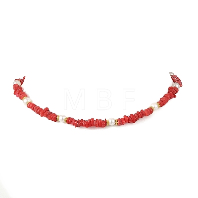 Dyed Natural Freshwater Shell Chip Beads & White Round Shell Pearl Beaded Necklaces NJEW-JN06402-1