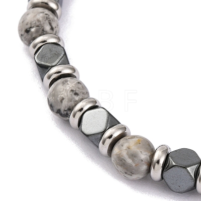 Natural Map Stone & Magnetic Synthetic Hematite Round Beaded Bracelet BJEW-P339-02P-02-1