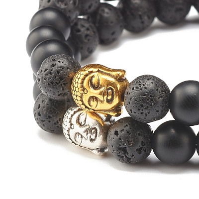 2Pcs 2 Color Natural Lava Rock & Synthetic Black Stone Stretch Bracelets Set with Buddha Head BJEW-JB07707-1